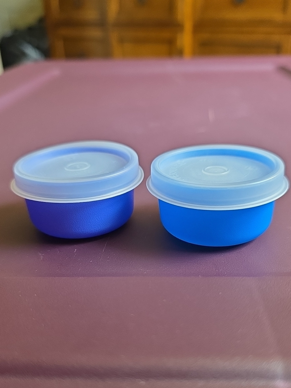 Tupperware Smidget Blue and Purple Round Storage Containers with Lids. 1oz